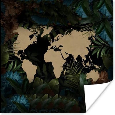 Poster 30x30 cm - Wereldkaart - Bloemen - Blauw - Posters - Kamer decoratie - Wanddecoratie woonkamer - Muurdecoratie slaapkamer