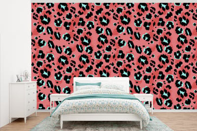 Behang - Fotobehang Panterprint - Roze - Blauw - Patroon - Breedte 345 cm x hoogte 220 cm