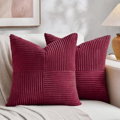Set van 2 kussenhoezen, boho, corduroy, 30 x 30 cm, wijnrood, zacht, decoratief, klassiek patroon met gekruiste strepen, onzichtbare ritssluiting, voor bank, bed, thuis