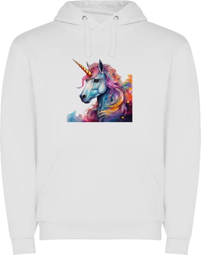 Witte unisex hoodie met “ Kleurrijke Eenhoorn – Fabel – Fantasie “ Print Full Color Color merk Roly maat S