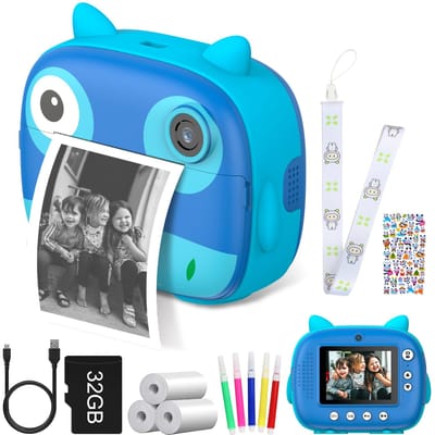 Appareil photo instantané pour enfants mignons 2,5K Appareil photo numérique pour enfants 12MP Appareil photo à impression instantanée pour enfants avec 2,4 pouces bleu