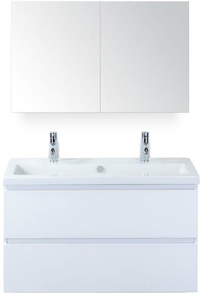 Vogue Badmeubelset 100 cm - Greeplijst in Kleur - Wit Hoogglans - Keramische Wastafel Wit 2 Kraangaten met Spiegelkast