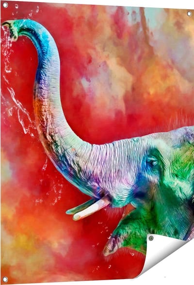 Gards Tuinposter Getekende Vrolijke Olifant - Abstract - 80x100 cm - Tuindoek - Tuindecoratie - Wanddecoratie buiten - Tuinschilderij