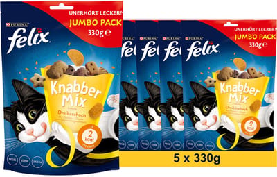 FELIX Knabber Mix Dreikäsehoch Knapperige kattensnack, 5 x 330 g