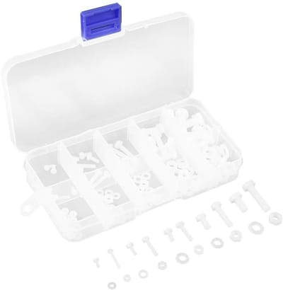 Dailygoods - Doos Met 150 Stuks Assortiment Bouten Schroeven - Waterdicht en Roestbestendig - Wit Nylon - Zeskantmoeren en Tussenringen - Perfect voor...