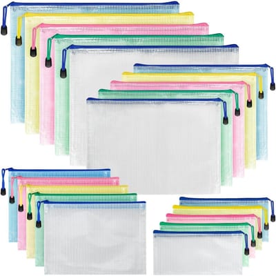 GELLDG Documententassen met ritssluiting - 20 stuks - A3+A4+A5+A6 - Waterdicht - Transparante PVC-documententassen - Ritssluiting van gaas - Kunststof - Geschikt voor kantoor, papier, cosmetica, reizen en andere toepassingen.
