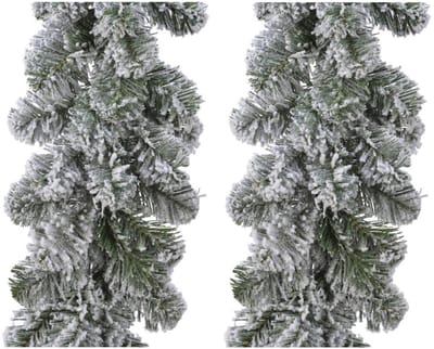 Dennenslinger guirlande - Set van 2x stuks - groen met sneeuw - kunststof - 270 cm - kerstversiering/kerstslingers