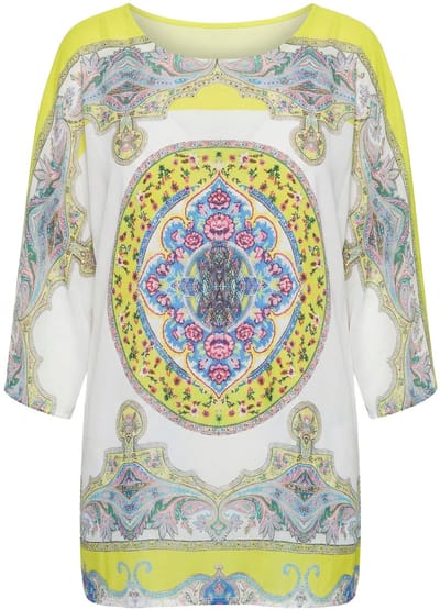 MIAMODA - Dames - overhemdblouse allover patroon met glittersteentjes - Citroengeel - Maat 42