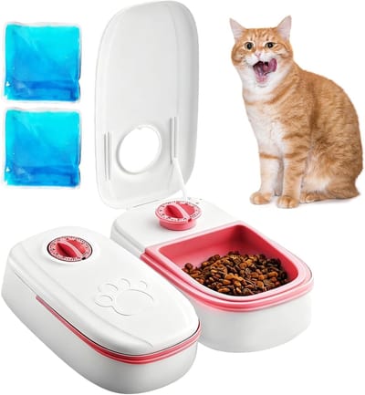 Voederautomaat voor Katten - Roze + Wit - 24 x 28,5 x 7,5 cm - Automatische Voederdispenser met 48-uurs Timer - Voor Katten en Kleine Honden