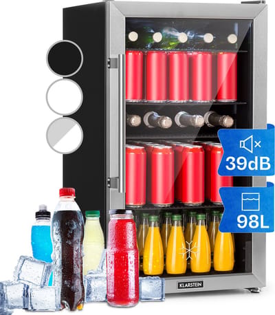 Klarstein Drankkoeler minikoelkast met glazen deur, minikoelkast voor op de kamer, kleine met verstelbare schappen, kleine koelkast van 98 liter, stille koelkast voor binnen en buiten - Drankkoelkast Drankenkoelkast - Touch - RVS