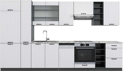 Vicco Fame-Line Complete keukeneenheid – 355 cm, WB Marmer Landhuis wit/antraciet