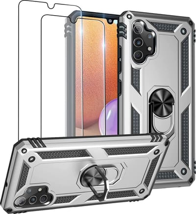 Hoesje Geschikt Voor Samsung Galaxy A32 Hoesje kickstand Armor case Zliver - Galaxy A32 4G Ring houder TPU backcover hoesje - met Galaxy A32 4G screenprotector 2 pack