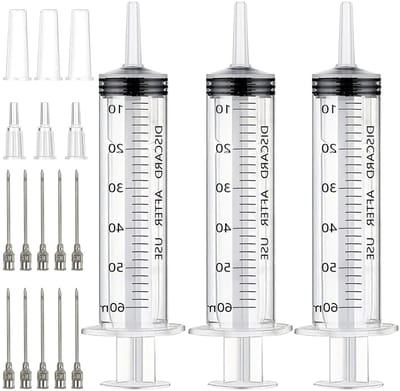Set van 3 herbruikbare plastic spuiten 60ml met roestvrijstalen naalden voor planten, dierenvoeding en laboratoria