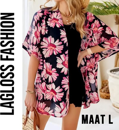 LaGloss® Dames Bloemenprint Mesh Blouse – Lichtgewicht Ademende Zomertop zonder Kraag – Roze & Zwarte Bloemen, Halfdoorschijnend en Elegant – Maat L