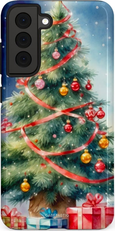 Casetastic hoesje geschikt voor Samsung Galaxy S21 FE 5G - Dubbellaagse bescherming - Aquarel Kerstboom Cadeau - Fashion Case - Grijs Donkerblauw Saliegroen Beige