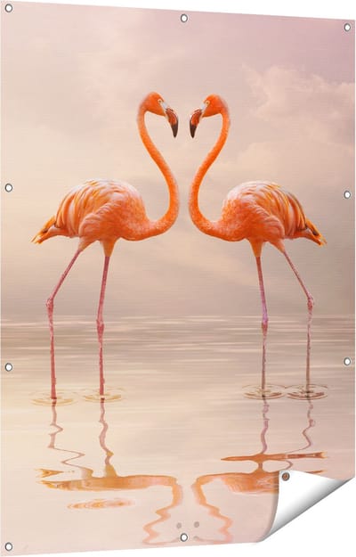 Gards Tuinposter Twee Flamingo's in een Hartjes Vorm - 90x120 cm - Tuindoek - Tuindecoratie - Wanddecoratie buiten - Tuinschilderij
