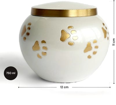 Dieren Urn Hond Kat Rond Klein 750 ml Wit Glans Goudkleurig met pootafdrukken - Dieren Urn voor As Crematie - Urn Hond - Urn Kat