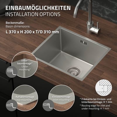 Inbouwspoelbak 34 x 40 cm, zilverkleurig, met afvoerset en overloop van roestvrij staal ML-Design