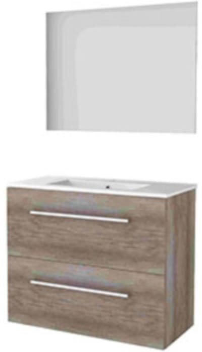 Basic-Line Ultimate 39 Badkamermeubelset - Ondiep - 80 x 39 cm - Greeploos - 2 Lades - Keramische Wastafel - 1 Kraangat - Spiegel met Indirecte LED Verlichting - Scotch Oak