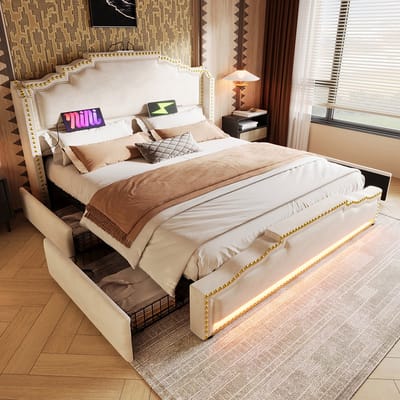 BLACKCOLORS Gestoffeerd bed 160×200, tweepersoonsbed met 4 lades, ledverlichting en USB-C-oplaadpoort, bed met opbergruimte en tienerbed met lattenbodem, fluweel, beige, zonder matras