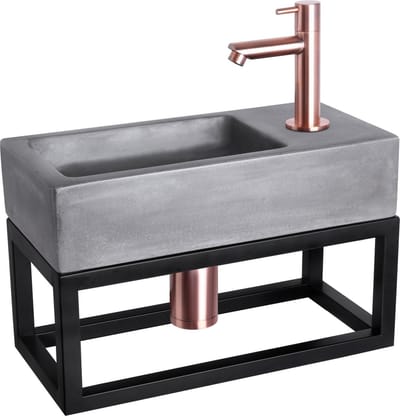 Differnz Ravo fonteinset - 38.5x18.5x24.5cm - Rechthoek - 1 kraangat - Recht rose koperen kraan - met zwart frame - beton donkergrijs