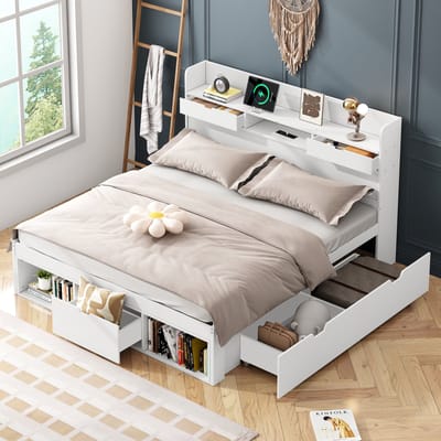 Sweiko Tweepersoonsbed - 140*200 cm - USB-poort - Laden + opbergruimte - Zonder matras - Wit