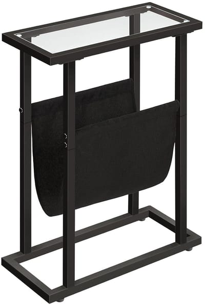 TRANKIELO® - Stijlvolle Smalle Bijzettafel – Gehard Glas met Tijdschriftenhouder – Zwart – Ruimtebesparend Design – Ideaal voor Woonkamer