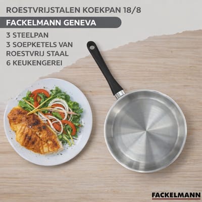 Set 1 pan 20 cm 3 pannen 12 16 20 cm, 3 kookpotten 16, 20 en 24 cm in roestvrij staal en 6 roestvrijstalen keukengerei Fackelmann Geneva