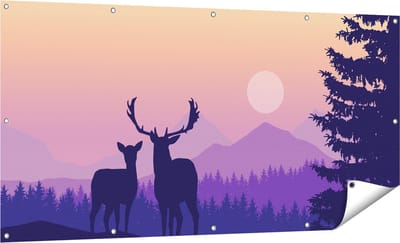 Gards Tuinposter Twee Herten - Zonsondergang - Silhouet - 160x80 cm - Tuindoek - Tuindecoratie - Wanddecoratie buiten - Tuinschilderij