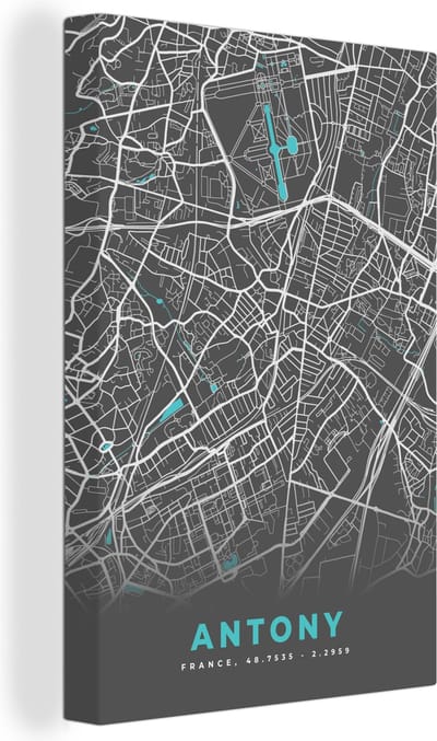 Canvas Schilderij Antony - Kaart - Plattegrond - Stadskaart - Frankrijk - 20x30 cm - Wanddecoratie
