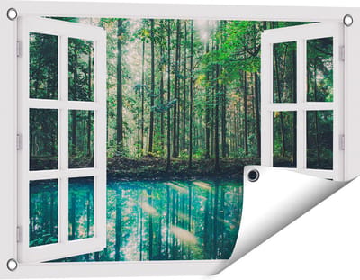 Gards Tuinposter Doorkijk Bos bij een Groen Meer - 60x40 cm - Tuindoek - Tuindecoratie - Wanddecoratie buiten - Tuinschilderij
