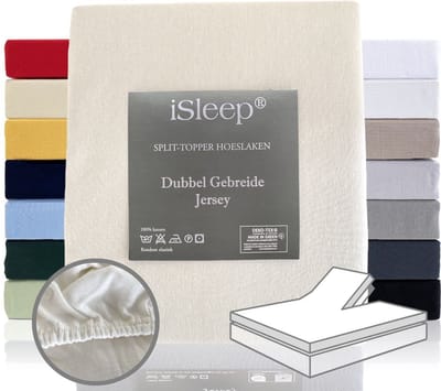 iSleep Dubbel Gebreide Jersey Split-Topper Hoeslaken - Rondom Elastiek - Tweepersoons - 160x200/210/220 - Licht Beige