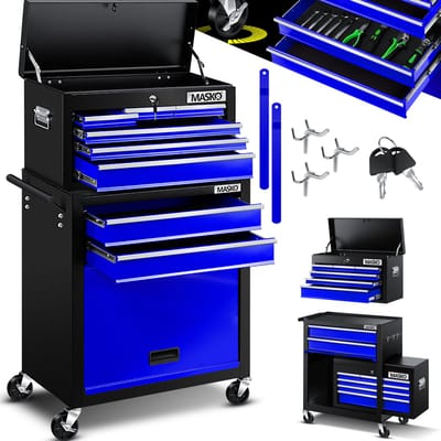 MASKO® Werkplaatswagen incl. koffer - 9 vakken Afsluitbaar Massief metaal, gereedschapswagen zonder gereedschap, wagen voor het opbergen van gereedschap met slot - Blauw