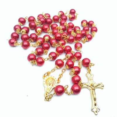 ICYBOY 18K Religieus Roze Parel Bedel Ketting met Jesus Kruis Pendant verguld [GOLD-PLATED] [ICED OUT] [50CM] - White Pearl Prayer Beads Rosary Necklace Gold Virgin Mary Pendant Jesus Cross Necklace for Christian Religion