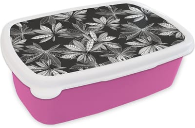 Broodtrommel Roze - Lunchbox - Brooddoos - Zwart - Wit - Patronen - Bladeren - Natuur - 18x12x6 cm - Kinderen - Meisje