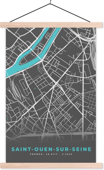 Posterhanger incl. Poster 40x60 cm - Schoolplaat - Saint-Ouen-sur-Seine - Frankrijk - Plattegrond - Kaart - Stadskaart - Textielposter - Blanke latten - Stadskaart