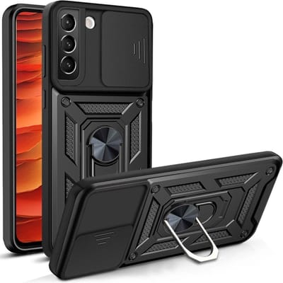 Coverup Hoesje - Geschikt voor Samsung Galaxy S22 Hoesje - Coverup Armor Ring Kickstand Back Cover met Camera Shield - Zwart