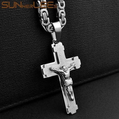 Roestvrijstalen Jezus Christus Kruis Hanger Ketting Byzantijnse Schakelketting Zilverkleur Verguld Mannen Jongen Cadeau Sp217 50cm