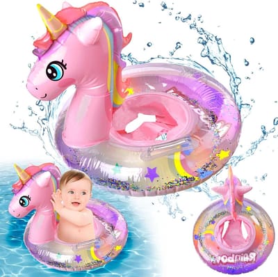 Veilig Baby Zwemfloat met Zitje, Opblaasbare Eenhoorn Zwemring met Dubbele Handvatten, Drijfmiddel voor Peuters van 1-5 Jaar, Ideaal voor Watertraining en Zwemles
