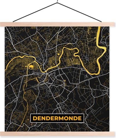 Posterhanger incl. Poster 40x40 cm - Schoolplaat - Goud - Dendermonde - Plattegrond - Stadskaart - Kaart - Textielposter - Blanke latten - Stadskaart