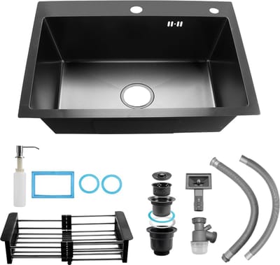 JGS ® Moderne Zwarte RVS Keukenwasbak met Accessoires en Flexibele Installatiemogelijkheden