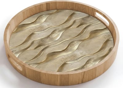 Dienblad rond 40x40 cm - Schootdienblad hout - Golven - Patroon - Goud - Borrelplank rechthoek - Plateau houten dienbladen