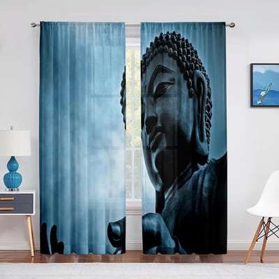 Boeddhistisch Boeddhabeeld Gouden Licht Zonsondergang Doorzichtig Stijl Gordijn voor Woonkamer Keukenraam Slaapkamer Decoratie Tule Voile Gordijn W65X60H(cm)X2Pcs&Grommet Top