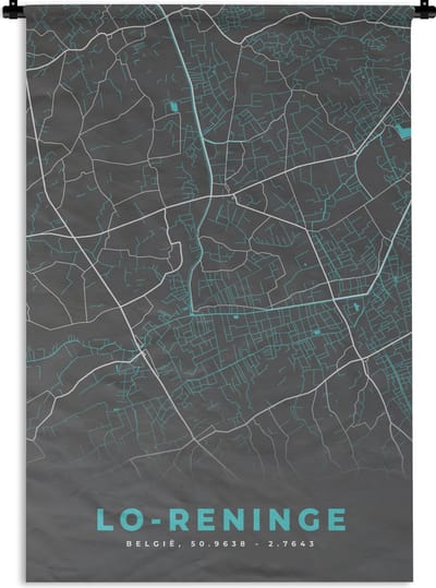 Wandkleed - Wanddoek - België – Lo Reninge – Stadskaart – Kaart – Blauw – Plattegrond - 120x180 cm - Wandtapijt
