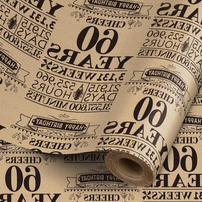 Cadeaupapier Rol - Inpakpapier Verjaardag - Feestelijke Geschenkverpakking - Zwart Glanzend 60 Jaar Design - 43.2 cm x 5 m