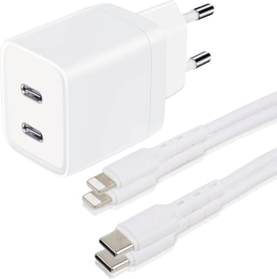 USB C Adapter - Snellader Geschikt voor iPhone en iPad - 1 Meter - Oplaadkabel - PVC Materiaal - GaN Oplader - Dubbele USB C Poorten - 45W Vermogen - Incl. Lightning Kabel - 2 Kabel PACK - Stekkerblok - Wit