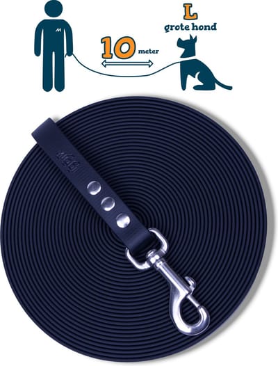 Miqdi BioThane® Sleeplijn 10 meter – zonder handvat – L/XL (19 mm) – zwart – waterdicht & sterk