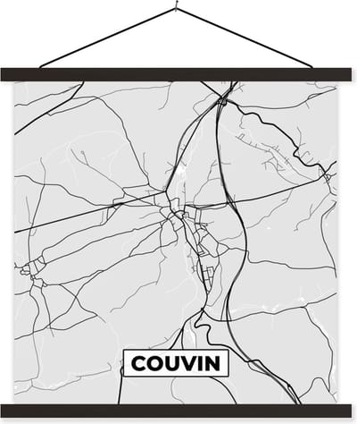 Posterhanger incl. Poster 60x60 cm - Schoolplaat - Stadskaart – Plattegrond – België – Zwart Wit – Couvin – Kaart - Textielposter - Zwarte latten - Stadskaart