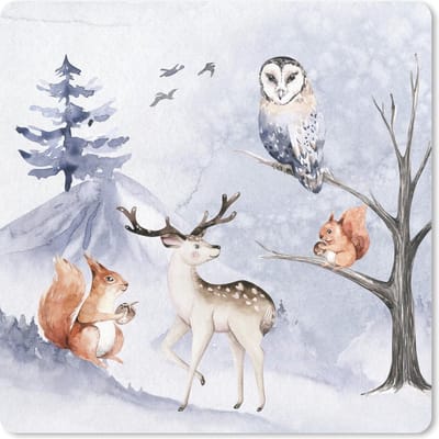 Muismat 20x20 cm - Mousepad Winter - Hert - Eekhoorn - Boom - Muismatten - Kerst - Cadeau - Kerstcadeau voor mannen en voor vrouwen