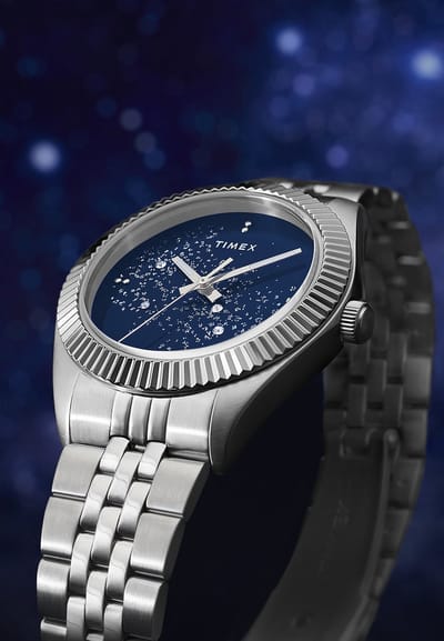 Timex Legacy Quartz Analoog Horloge Zilverkleurig En Blauw Kast Gemaakt Van 100% Roestvrij Staal En Een Armband Van 100% Roestvrij Staal 36 TW2Y20100AJ